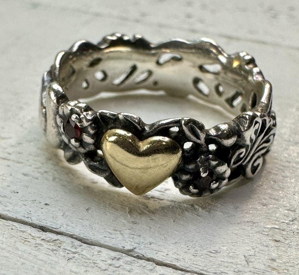 ArtCarved AC 925 14K Heart Garnet Sterling Silver Bird Butterfly Ring Sz 7.75